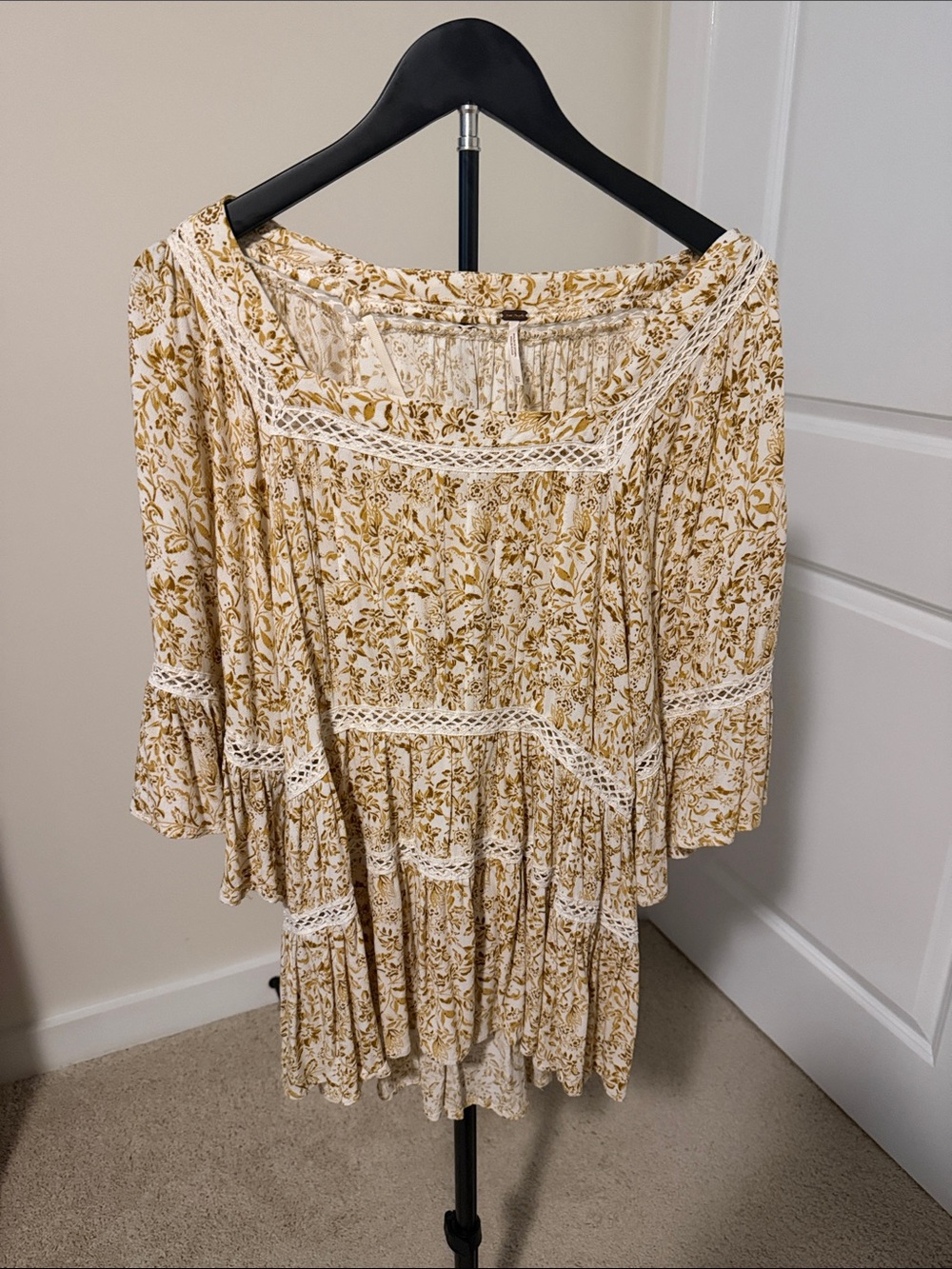 Free People Bohemian Floral Peasant Top - Cream and Mustard